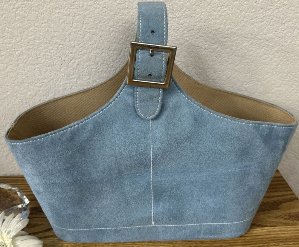 Vintage Bed Bath & Beyond Suede Like Tote Bag Blue Large Shopping Carryall